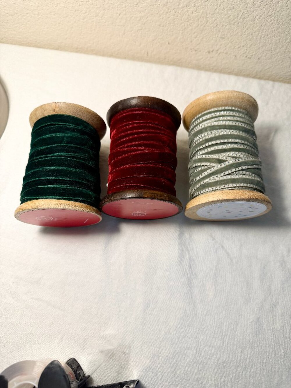 Lot Of 3 Soft Luxurious Velvet Decorative Ribbon On Wooden Spools Holiday Decor
